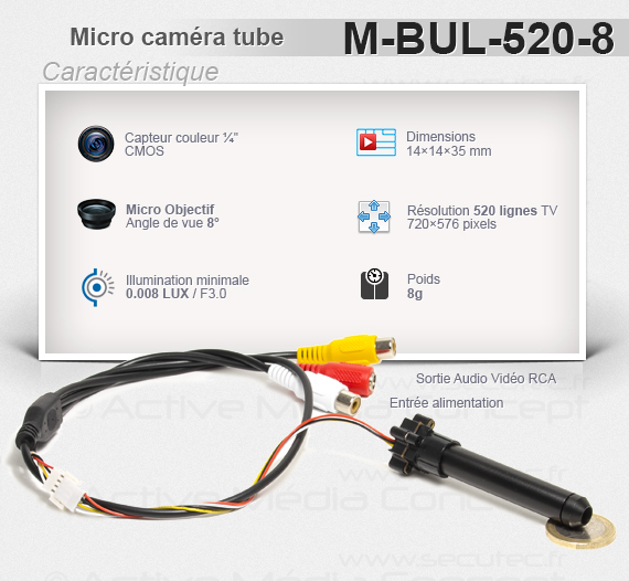 Micro caméra tube 520 Lignes angle de vue 8° illumination 0.008 LUX 