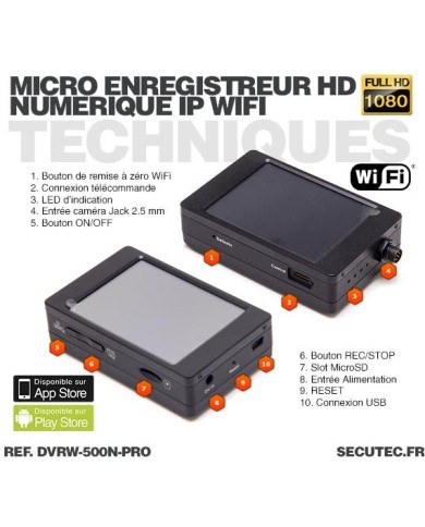 Micro enregistreur professionnel HD 1080P avec écran tactile et connexion Wi-Fi sur smartphone iOS & Android