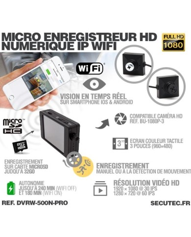 Micro enregistreur professionnel HD 1080P avec écran tactile et connexion Wi-Fi sur smartphone iOS & Android