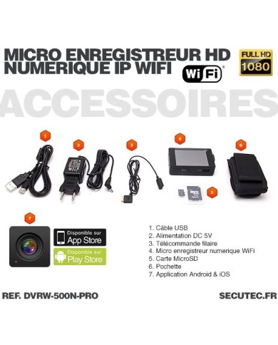 Micro enregistreur professionnel HD 1080P avec écran tactile et connexion Wi-Fi sur smartphone iOS & Android