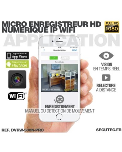 Micro enregistreur professionnel HD 1080P avec écran tactile et connexion Wi-Fi sur smartphone iOS & Android