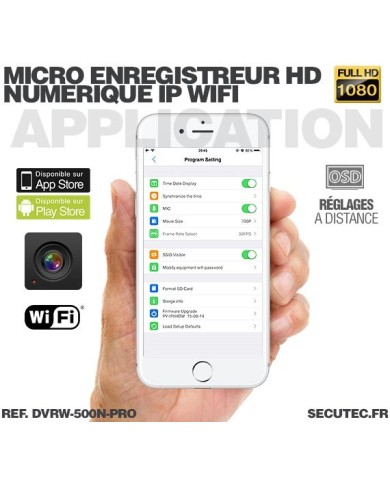 Micro enregistreur professionnel HD 1080P avec écran tactile et connexion Wi-Fi sur smartphone iOS & Android