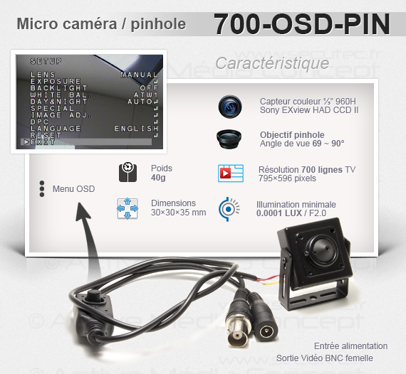 Micro caméra carrée couleur 700 lignes avec objectif pinhole