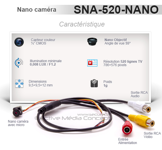 Nano caméra snake couleur 520 Lignes