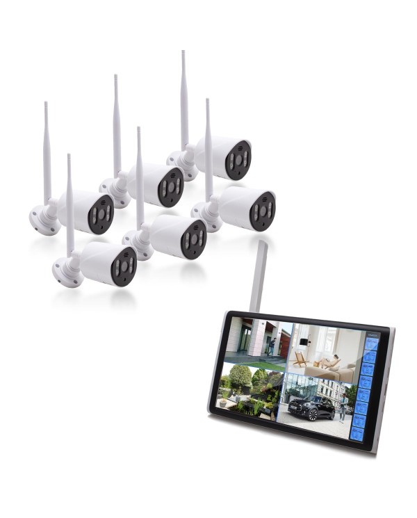 Kit vidéosurveillance WiFi 6 caméras HD IR IP66 avec IA et un écran LCD 10.1 récepteur enregistreur HDD 2 To