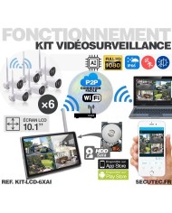 Kit vidéosurveillance WiFi 6 caméras HD IR IP66 avec IA et un écran LCD 10.1 récepteur enregistreur HDD 2 To