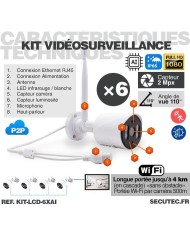 Kit vidéosurveillance WiFi 6 caméras HD IR IP66 avec IA et un écran LCD 10.1 récepteur enregistreur HDD 2 To