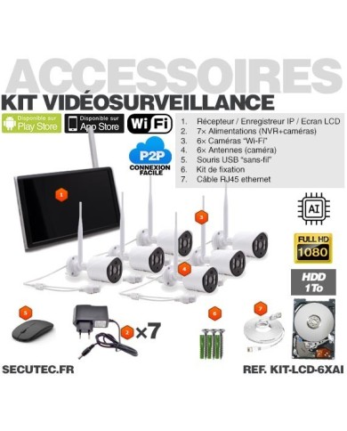 Kit vidéosurveillance WiFi 6 caméras HD IR IP66 avec IA et un écran LCD 10.1 récepteur enregistreur HDD 2 To