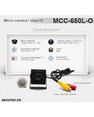 Micro caméra carrée couleur 650 lignes avec micro objectif