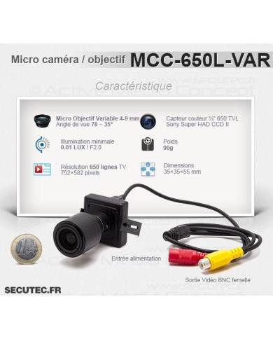 Micro caméra carrée couleur 650 lignes avec micro objectif varifocale 4-9 mm