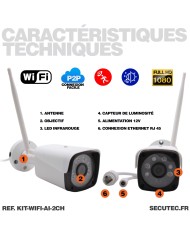 Kit 2 caméra WiFi enregistrement ultra HD 2K à la détection humaine et visage avec alerte sur smartphone