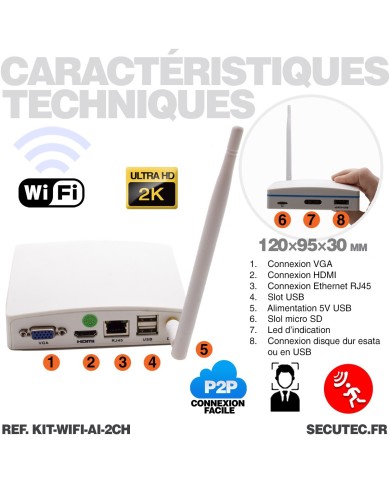 Kit 2 caméra WiFi enregistrement ultra HD 2K à la détection humaine et visage avec alerte sur smartphone