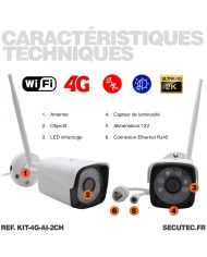 Kit vidéosurveillance 4G avec 2 caméras WIFI Ultra HD 2K enregistrement à la détection humaine et visage
