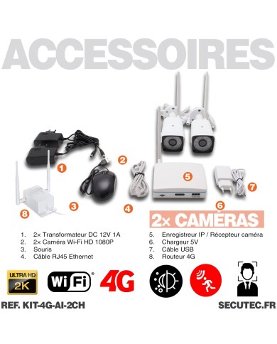 Kit vidéosurveillance 4G avec 2 caméras WIFI Ultra HD 2K enregistrement à la détection humaine et visage