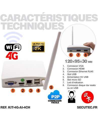 Kit vidéosurveillance 4G avec 4 caméras WIFI Ultra HD 2K enregistrement à la détection humaine et visage