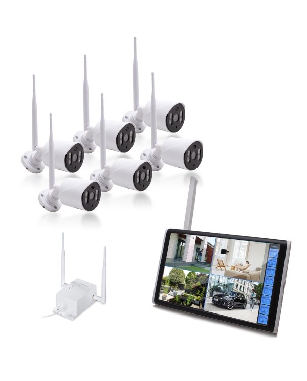 Kit vidéosurveillance 3G 4G avec 6 caméras WiFi HD IR IP66 avec IA et un écran LCD 10.1 récepteur enregistreur HDD 2To