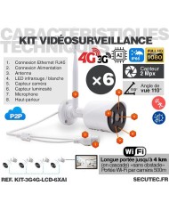 Kit vidéosurveillance 3G 4G avec 6 caméras WiFi HD IR IP66 avec IA et un écran LCD 10.1 récepteur enregistreur HDD 2To