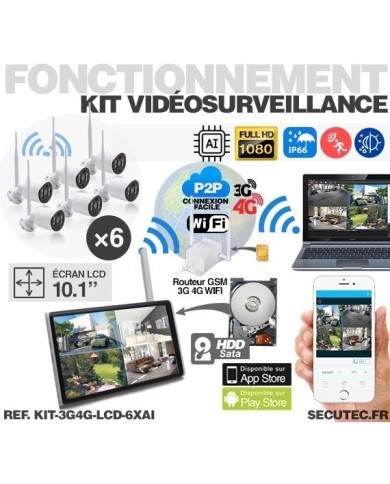 Kit vidéosurveillance 3G 4G avec 6 caméras WiFi HD IR IP66 avec IA et un écran LCD 10.1 récepteur enregistreur HDD 2To