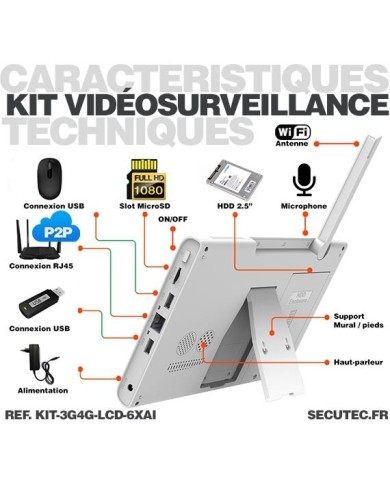 Kit vidéosurveillance 3G 4G avec 6 caméras WiFi HD IR IP66 avec IA et un écran LCD 10.1 récepteur enregistreur HDD 2To