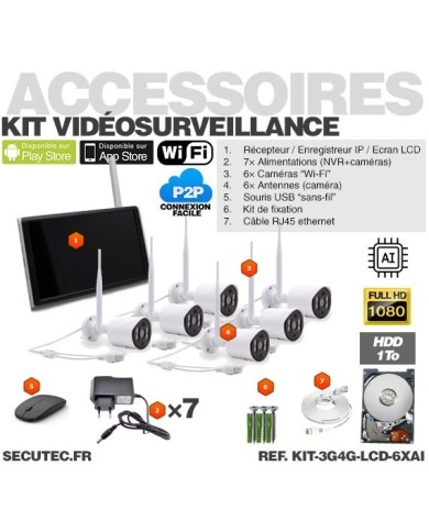 Kit vidéosurveillance 3G 4G avec 6 caméras WiFi HD IR IP66 avec IA et un écran LCD 10.1 récepteur enregistreur HDD 2To