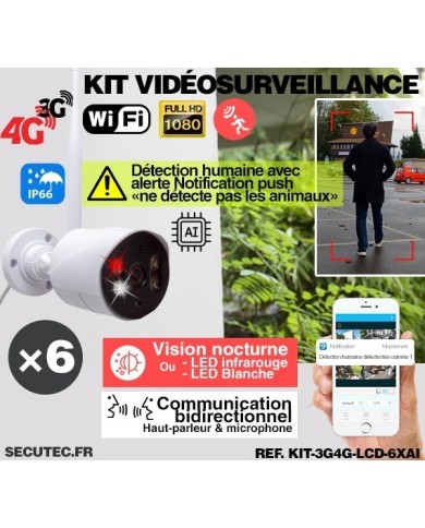 Kit vidéosurveillance 3G 4G avec 6 caméras WiFi HD IR IP66 avec IA et un écran LCD 10.1 récepteur enregistreur HDD 2To