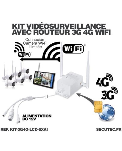 Kit vidéosurveillance 3G 4G avec 6 caméras WiFi HD IR IP66 avec IA et un écran LCD 10.1 récepteur enregistreur HDD 2To