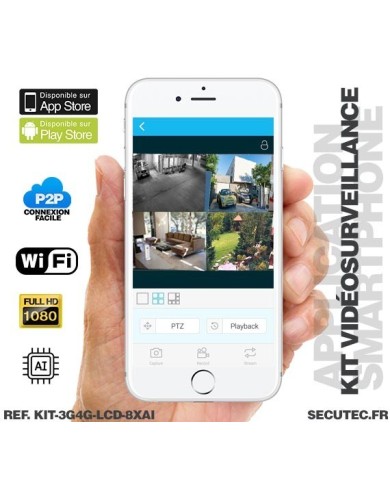 Kit vidéosurveillance 3G 4G avec 8 caméras WiFi HD IR IP66 avec IA et un écran LCD 10.1 récepteur enregistreur HDD 2To