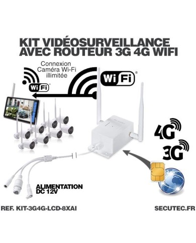 Kit vidéosurveillance 3G 4G avec 8 caméras WiFi HD IR IP66 avec IA et un écran LCD 10.1 récepteur enregistreur HDD 2To