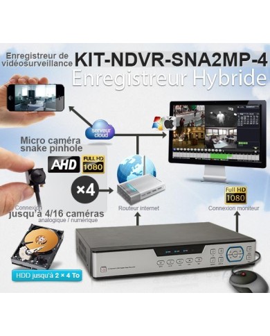 Kit enregistreur de vidéosurveillance et quatre caméras snake AHD 1080P