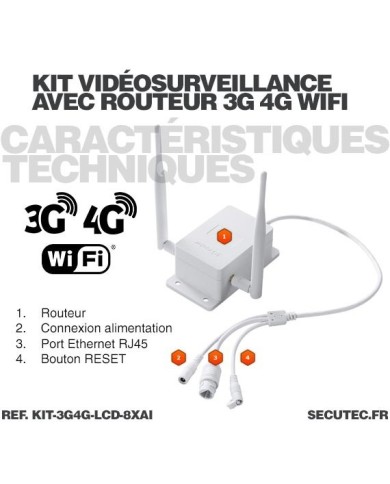 Kit vidéosurveillance 3G 4G avec 8 caméras WiFi HD IR IP66 avec IA et un écran LCD 10.1 récepteur enregistreur HDD 2To