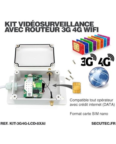 Kit vidéosurveillance 3G 4G avec 8 caméras WiFi HD IR IP66 avec IA et un écran LCD 10.1 récepteur enregistreur HDD 2To