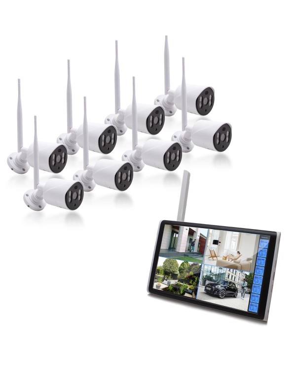 Kit vidéosurveillance WiFi 8 caméras HD IR IP66 avec IA et un écran LCD 10.1 récepteur enregistreur HDD 2 To