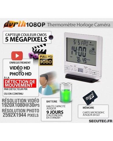 Thermomètre Horloge caméra cachée FHD 1080P autonome