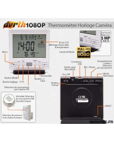 Thermomètre Horloge caméra cachée FHD 1080P caractéristiques