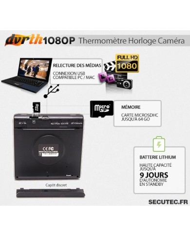 Thermomètre Horloge caméra cachée FHD 1080P connexion