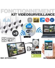Kit vidéosurveillance WiFi 8 caméras HD IR IP66 avec IA et un écran LCD 10.1 récepteur enregistreur HDD 2 To