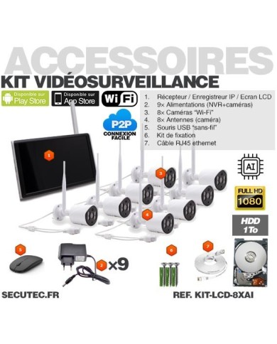Kit vidéosurveillance WiFi 8 caméras HD IR IP66 avec IA et un écran LCD 10.1 récepteur enregistreur HDD 2 To