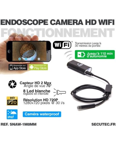 Caméra endoscope WiFi HD 720P waterproof avec vision sur smartphone iPhone et Android
