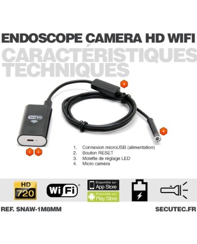 Caméra endoscope WiFi HD 720P waterproof avec vision sur smartphone iPhone et Android