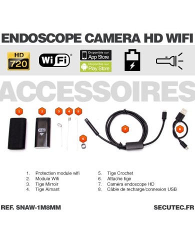 Caméra endoscope WiFi HD 720P waterproof avec vision sur smartphone iPhone et Android