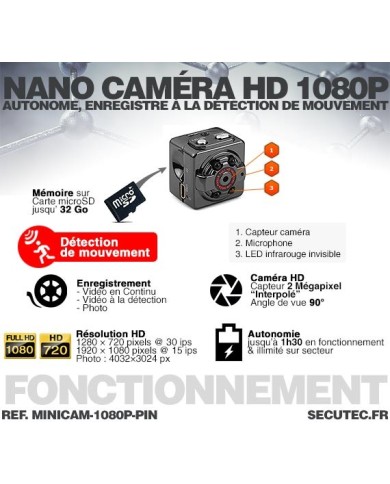 Mini caméra HD 1080P pinhole vision nocturne autonome avec enregistrement micro SDHC