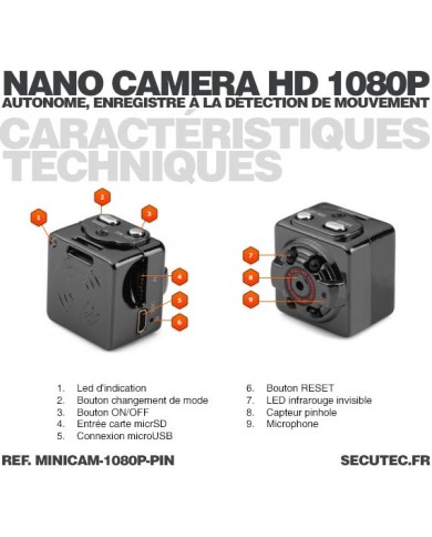 Mini caméra HD 1080P pinhole vision nocturne autonome avec enregistrement micro SDHC