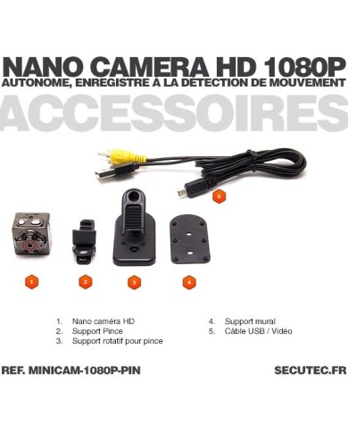 Mini caméra HD 1080P pinhole vision nocturne autonome avec enregistrement micro SDHC