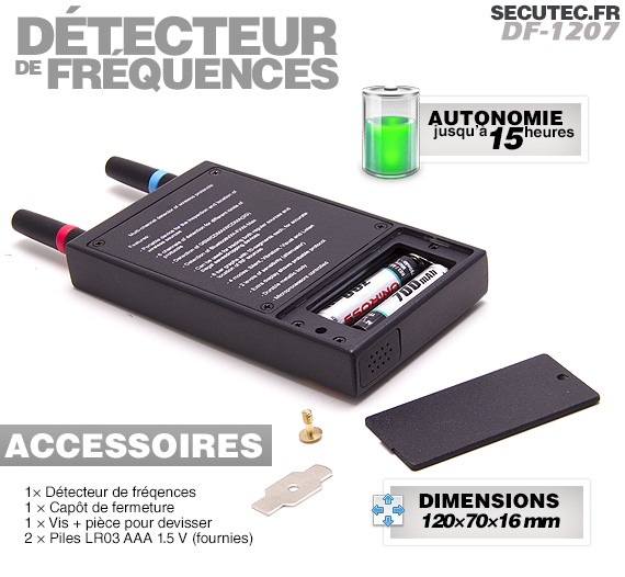 Vue arrière du détecteur d'ondes GSM, WiFi & 3G, avec compartiment pour piles