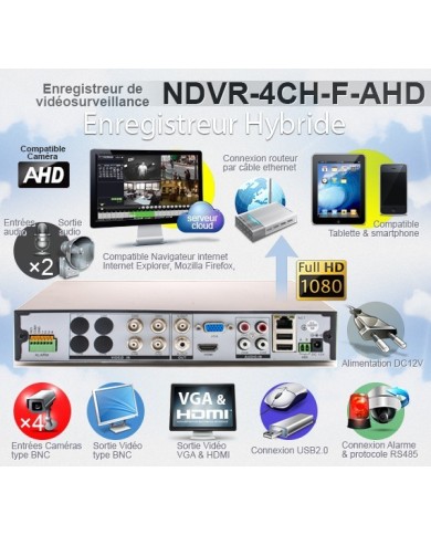 Enregistreur de vidéosurveillance AHD 4/16 voies hybride 1080P 1 To pour caméras IP ou WIFI avec accès à distance