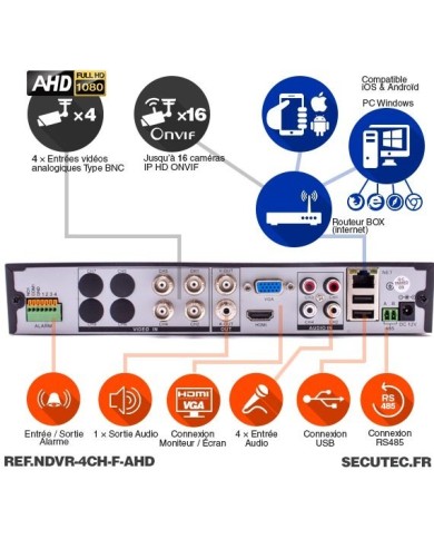 Enregistreur de vidéosurveillance AHD 4/16 voies hybride 1080P 1 To pour caméras IP ou WIFI avec accès à distance