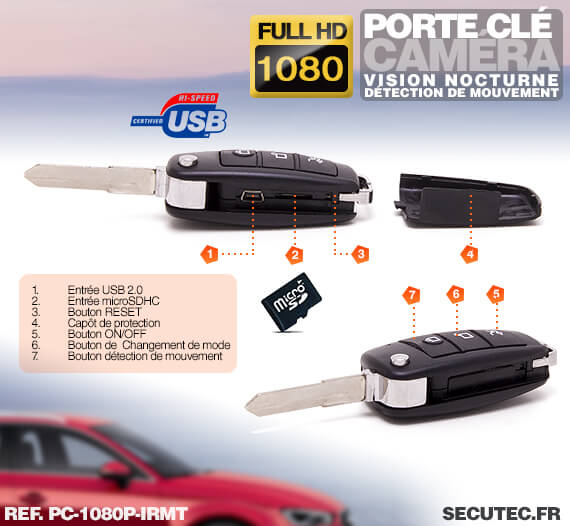 Clé de voiture caméra discrète HD 1080P avec détection de mouvement et ...