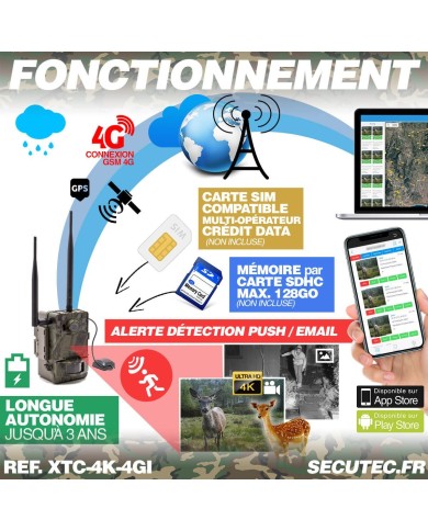 Caméra de chasse 4K IR invisible GPS GSM 4G alerte push envoi photo et vidéo sur application iOS et Android serveur cloud e-mail