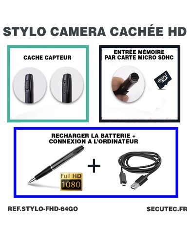 Stylo caméra cachée HD 1080P enregistre vidéo audio photo sur carte micro SDHC 64 Go
