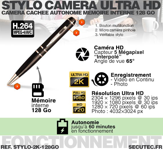 Stylo caméra cachée HD 2K - Caractéristiques